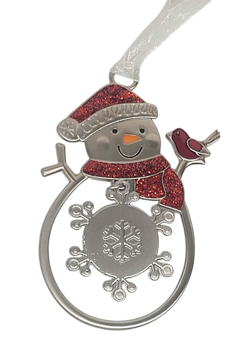 GANZ 2019 Silver Metal Snowman Red Cardinal Bird Glitter Christmas Ornament 3"